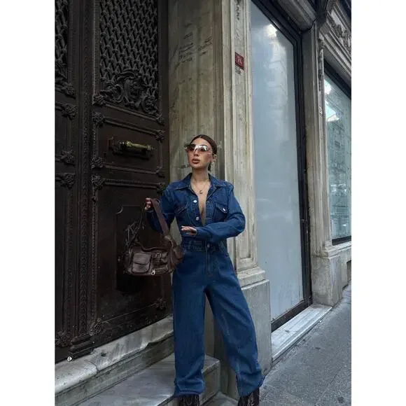 Women Denim Jumpsuit Premium Jean One Piece Outfit Casual Chic Overalls Romper - Picture 5 of 9